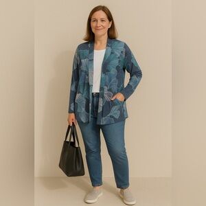 Chico’s Flowing Petals Lightweight Open Front Mermaid Print Jacket Size Small